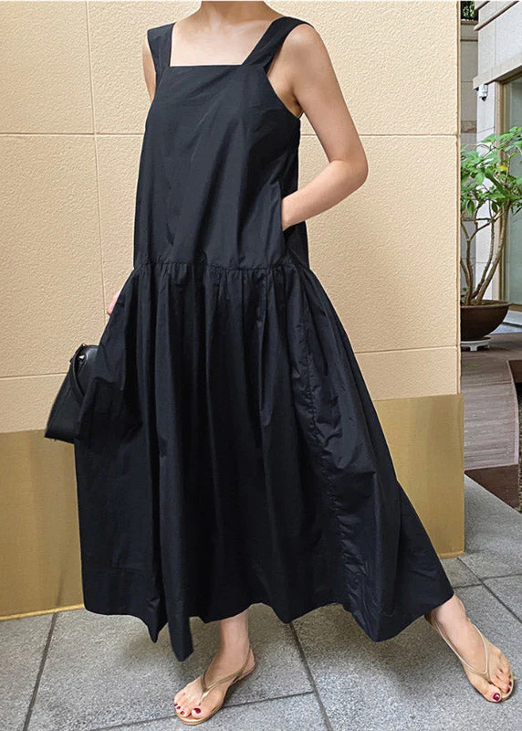 French Black Slash Neck Pockets Wrinkled Cotton Long Dress Sleeveless - Image 3