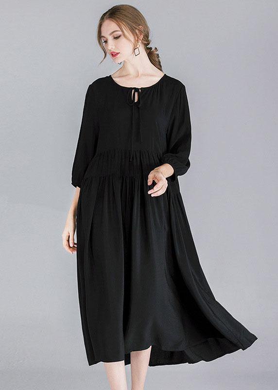French Black Solid Patchwork Spring Three Quarter Sleeve Long Dresses - Image 2
