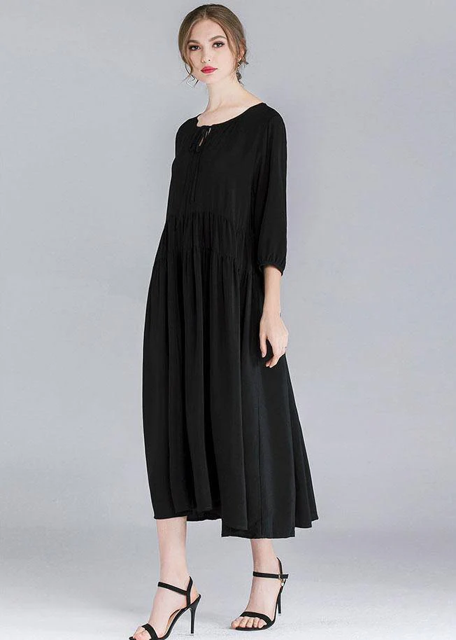 French Black Solid Patchwork Spring Three Quarter Sleeve Long Dresses - Image 3