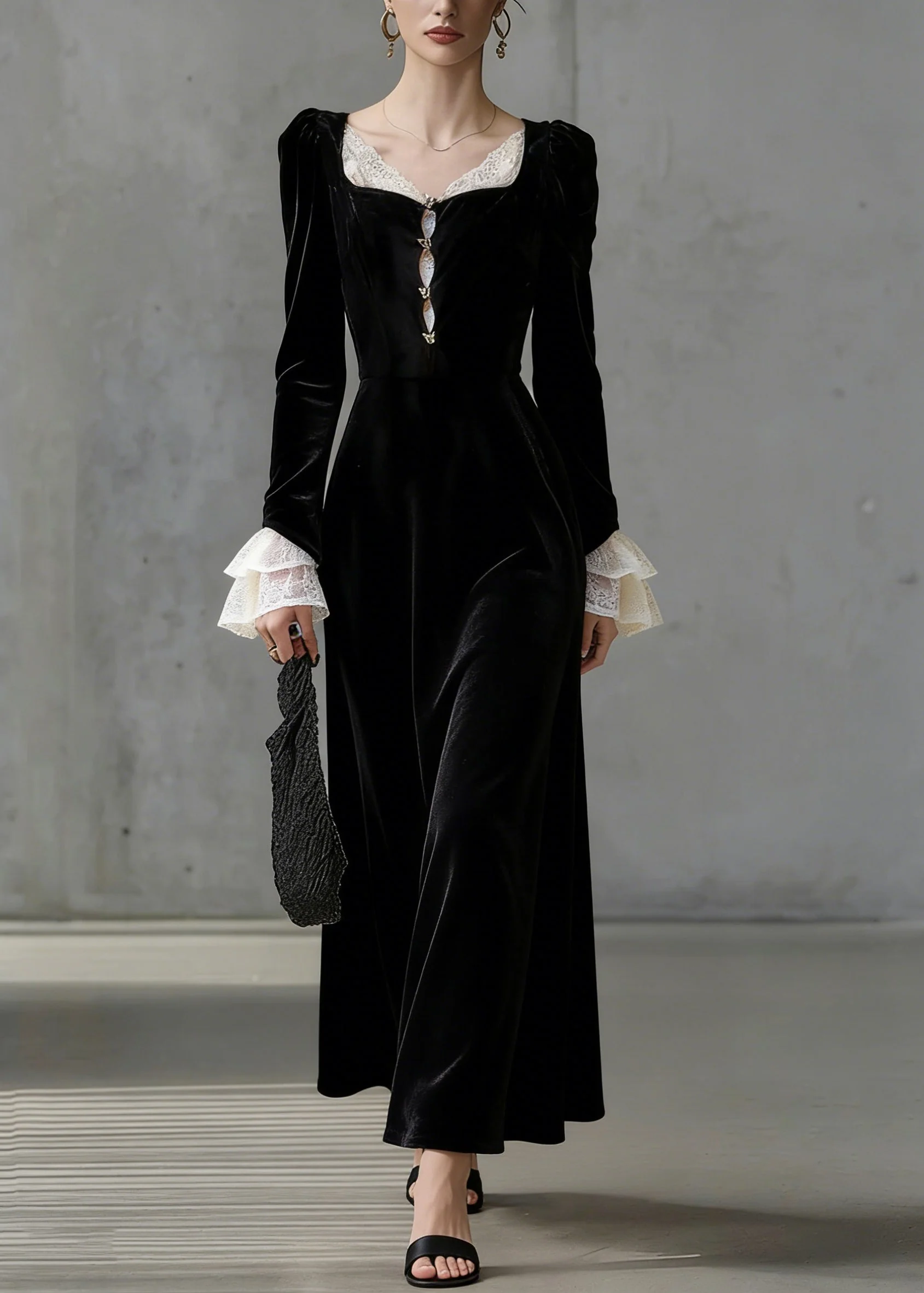 French Black Square Collar Lace Patchwork Silk Velvet Long Dress Flare Sleeve - Image 3