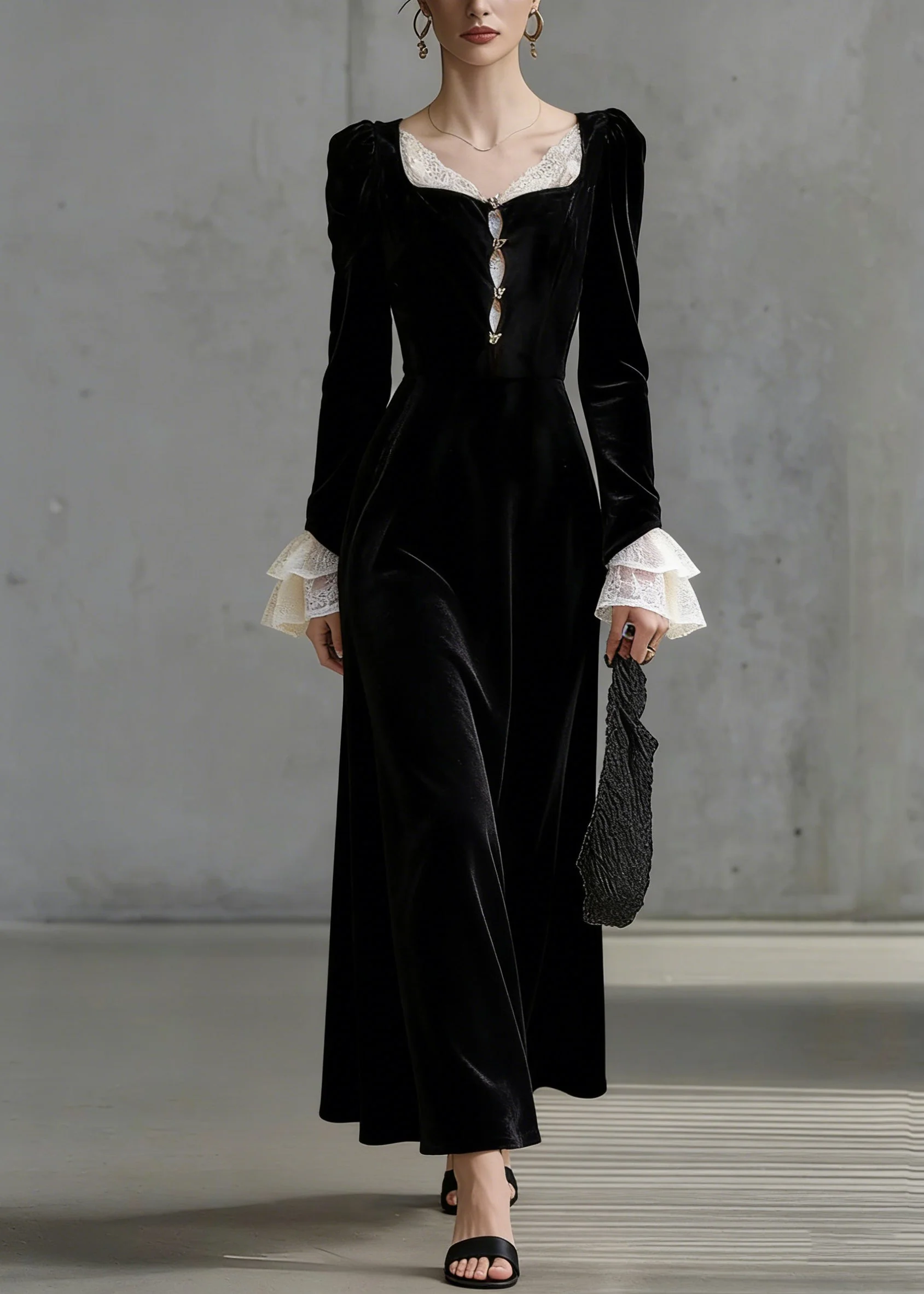 French Black Square Collar Lace Patchwork Silk Velvet Long Dress Flare Sleeve - Image 5