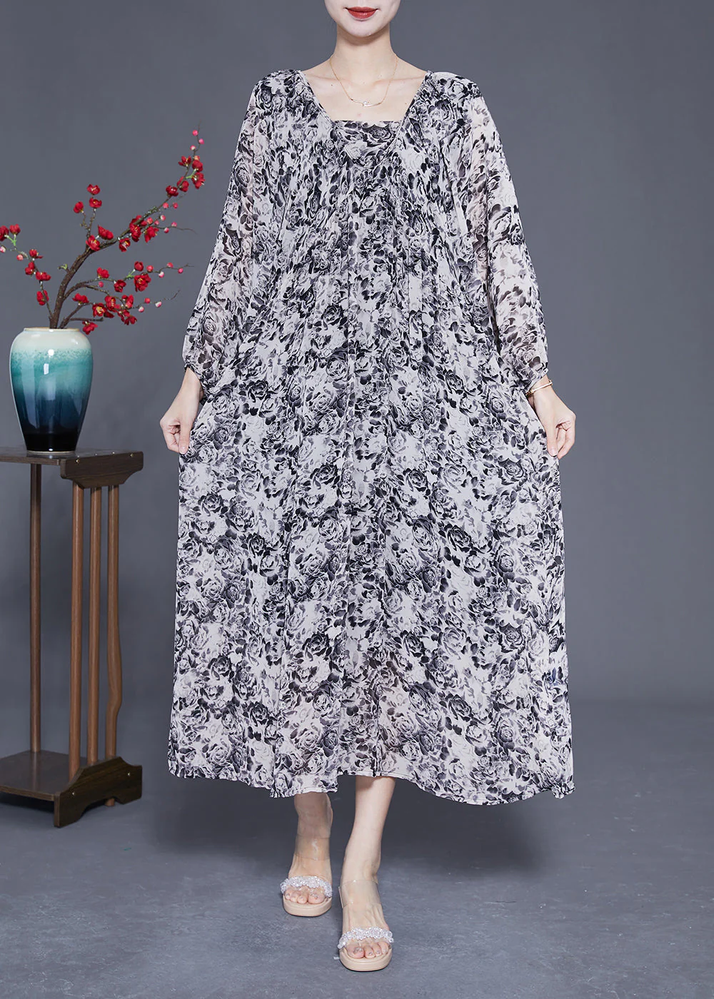 French Black Square Collar Oversized Print Chiffon Long Dress Lantern Sleeve - Image 2