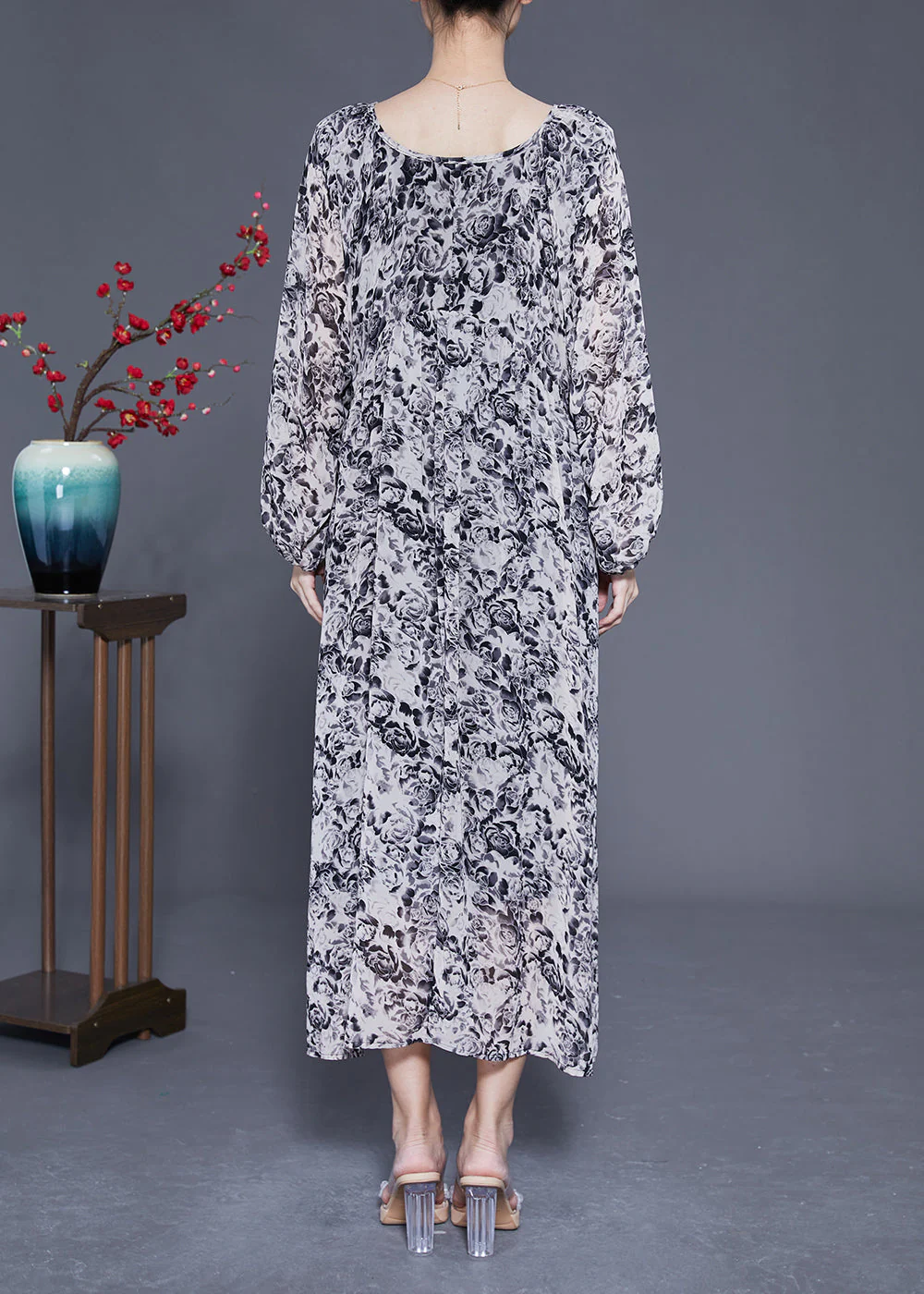 French Black Square Collar Oversized Print Chiffon Long Dress Lantern Sleeve - Image 4