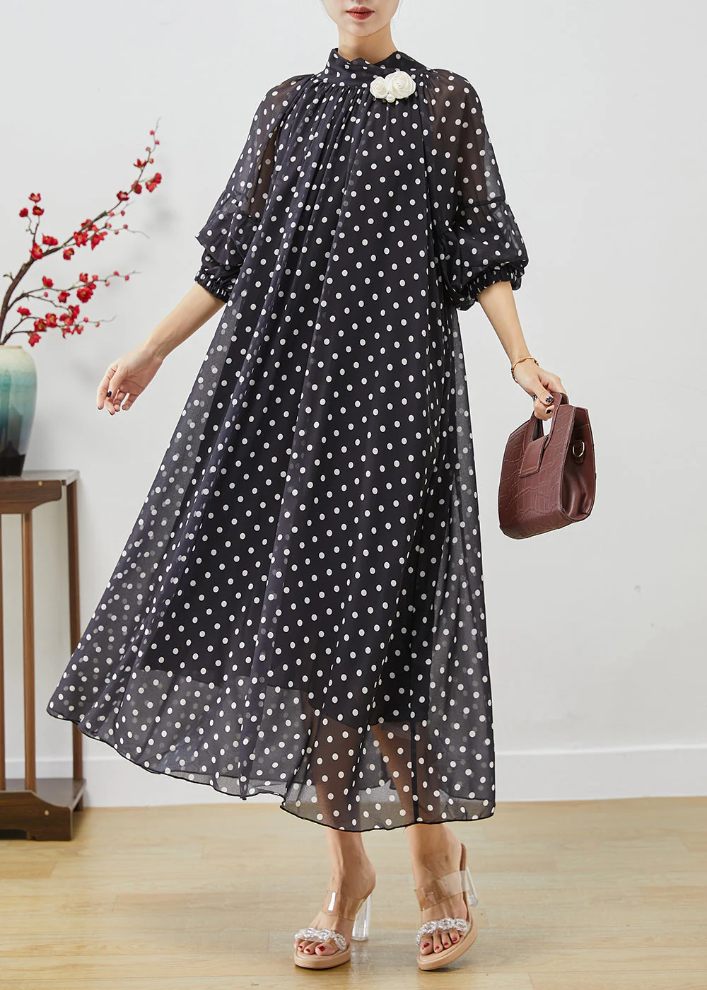 French Black Stand Collar Dot Print Chiffon Long Dress Vestidos Lantern Sleeve - Image 2