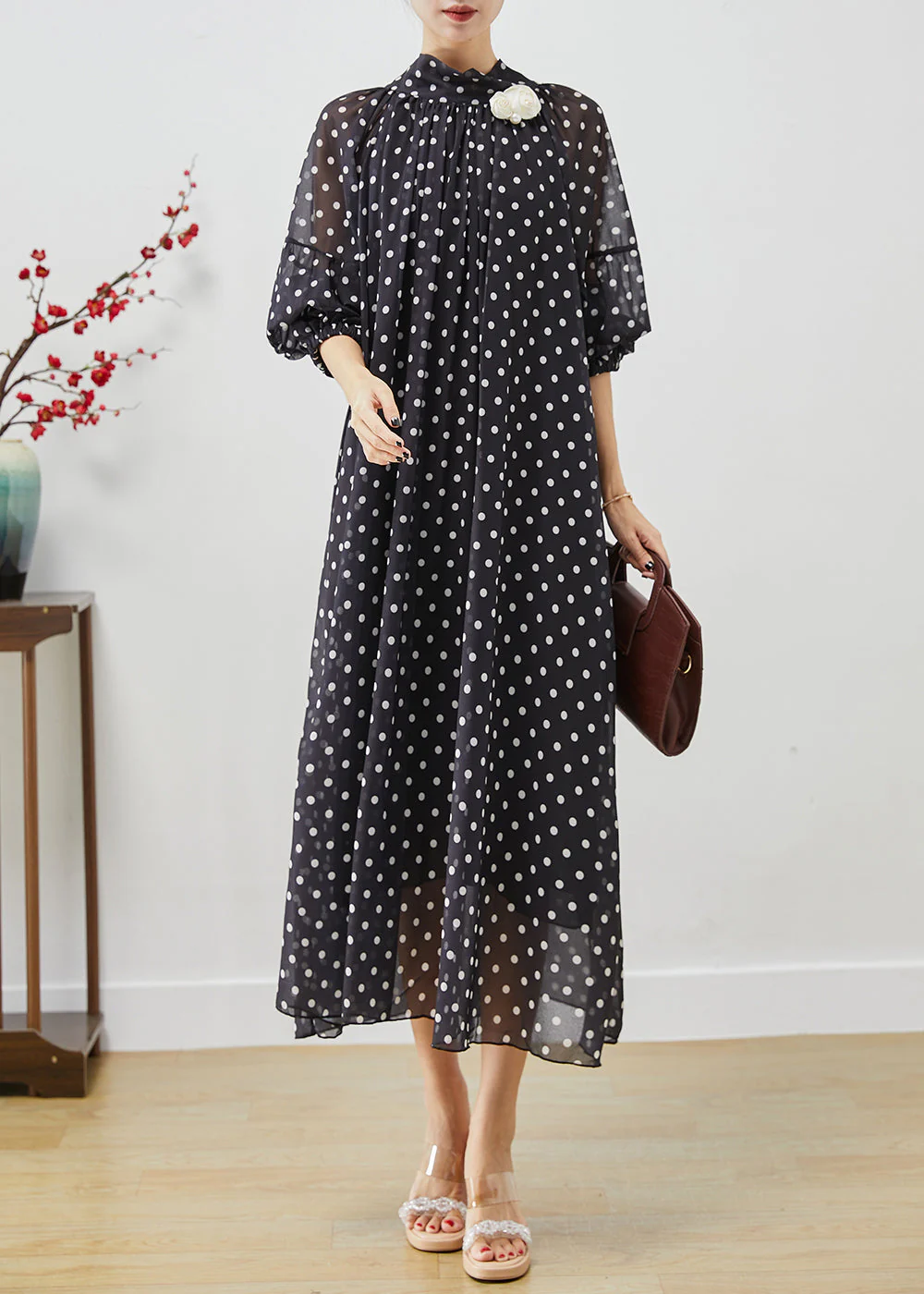 French Black Stand Collar Dot Print Chiffon Long Dress Vestidos Lantern Sleeve - Image 3