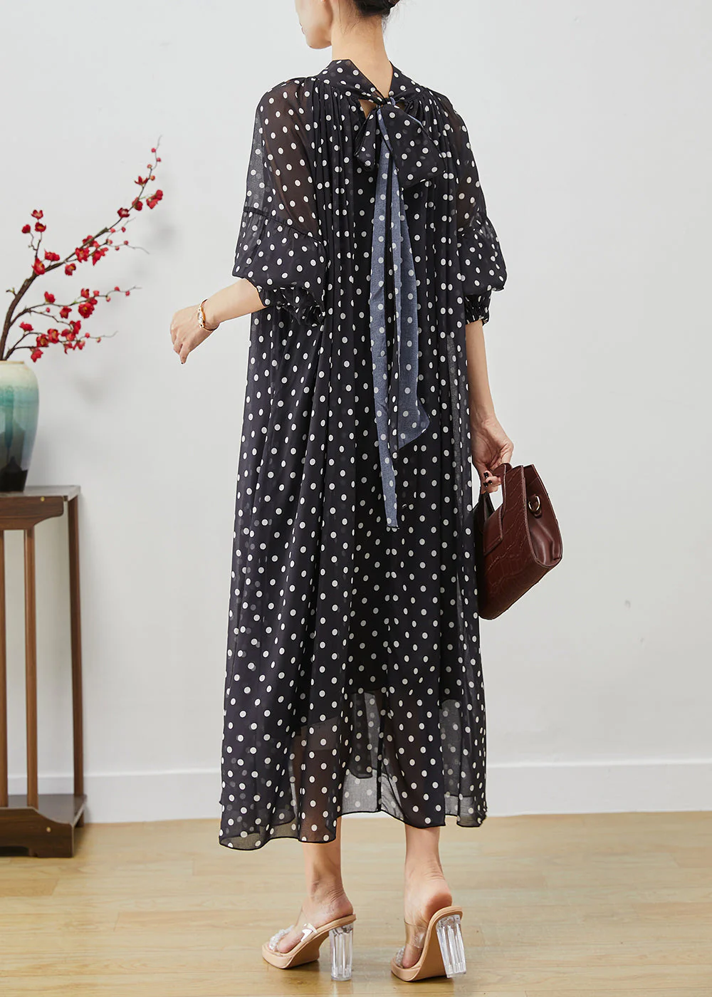 French Black Stand Collar Dot Print Chiffon Long Dress Vestidos Lantern Sleeve - Image 4