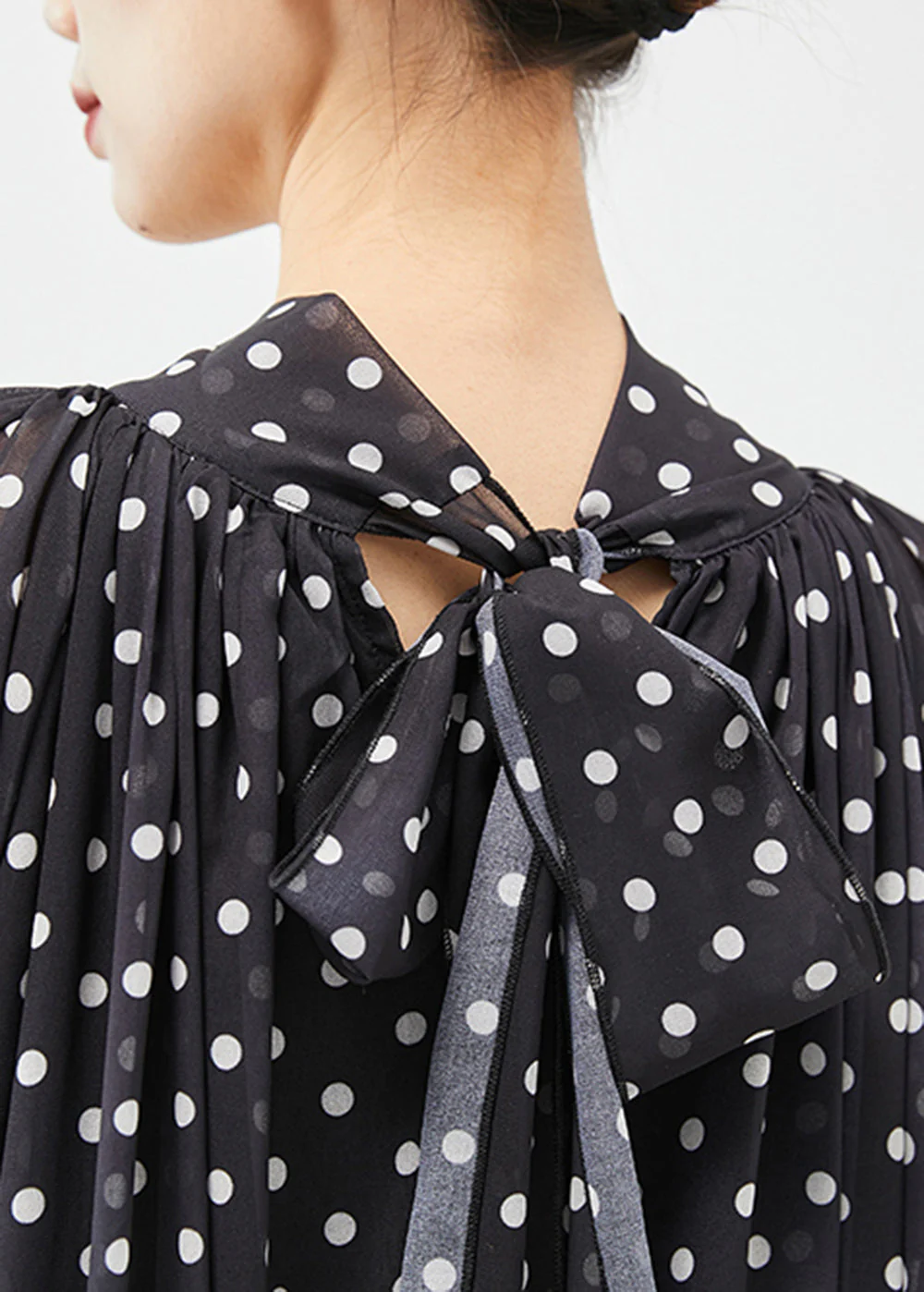 French Black Stand Collar Dot Print Chiffon Long Dress Vestidos Lantern Sleeve - Image 5