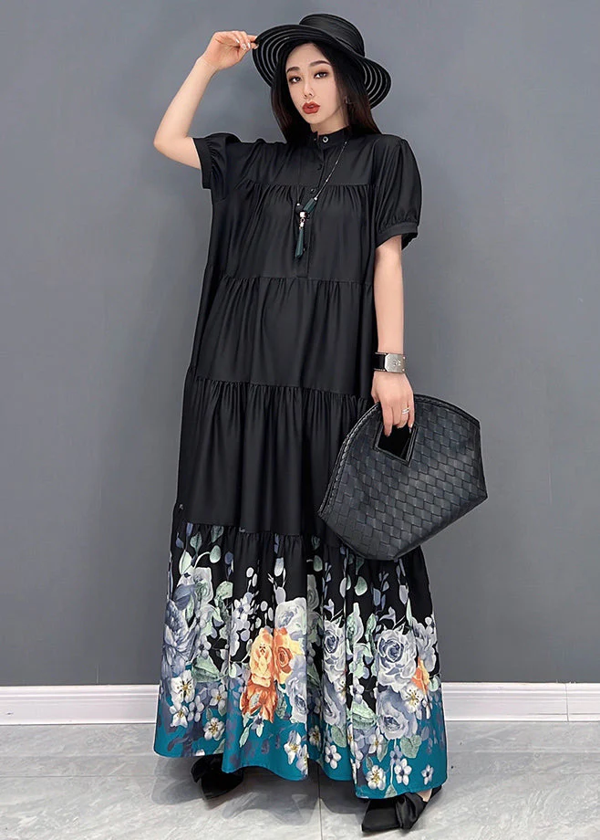 French Black Stand Collar Floral Print Wrinkled Patchwork Cotton Long Dress Short Sleeve - Image 3