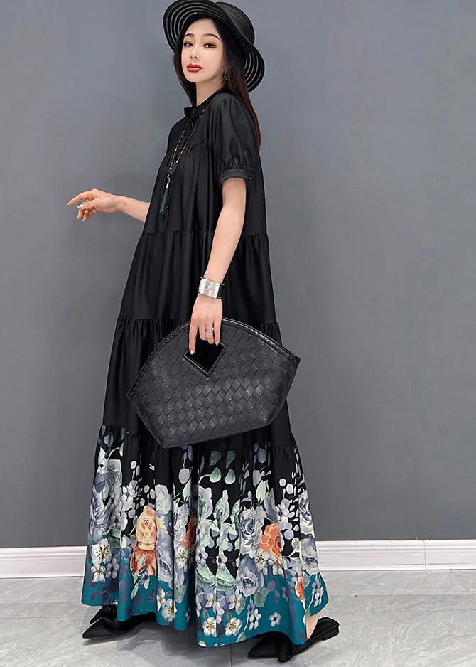 French Black Stand Collar Floral Print Wrinkled Patchwork Cotton Long Dress Short Sleeve - Image 4