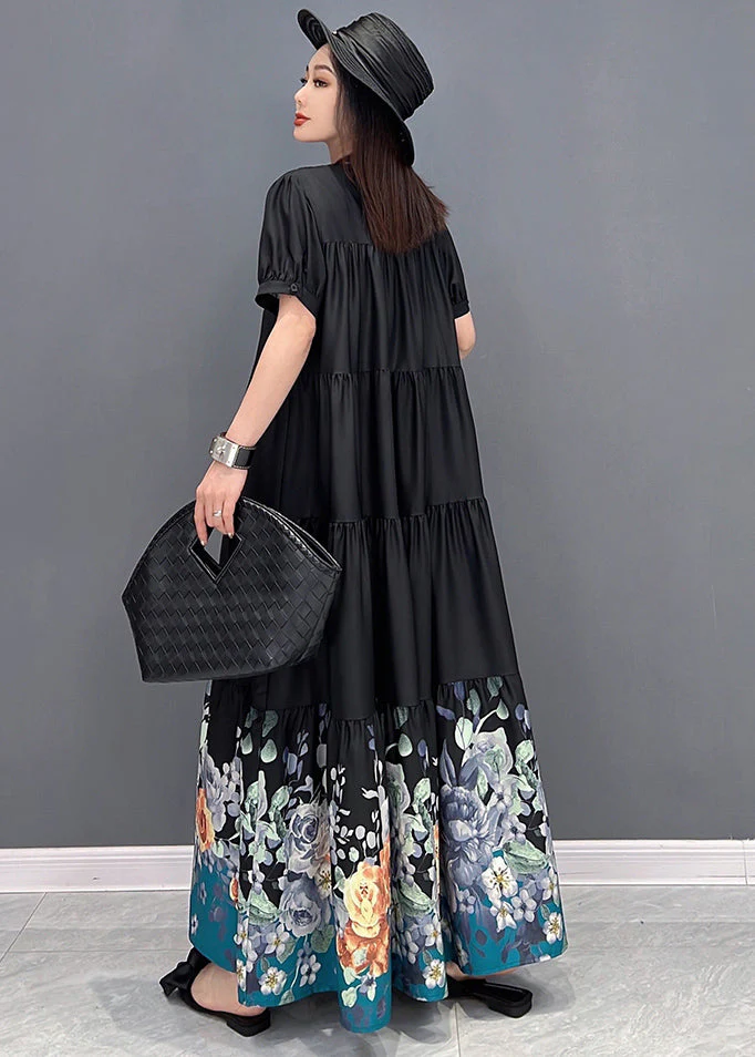 French Black Stand Collar Floral Print Wrinkled Patchwork Cotton Long Dress Short Sleeve - Image 5