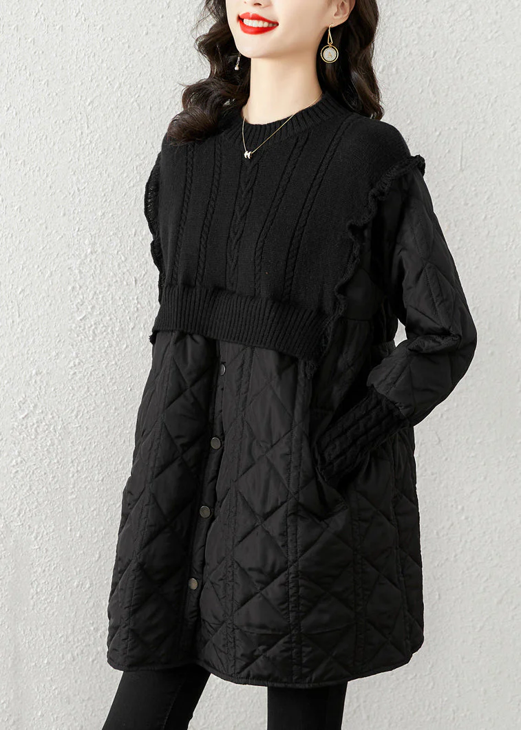 French Black Stand Collar Knit Patchwork Fine Cotton Filled Maxi Dress Winter - Image 2