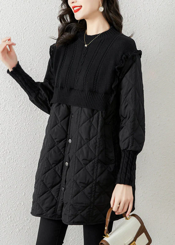 French Black Stand Collar Knit Patchwork Fine Cotton Filled Maxi Dress Winter - Image 3