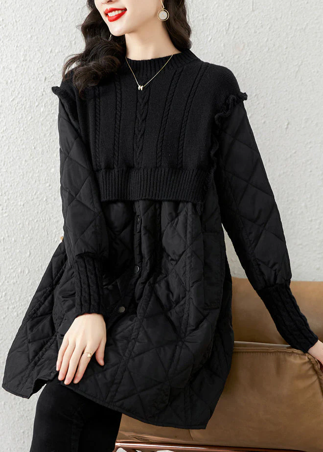 French Black Stand Collar Knit Patchwork Fine Cotton Filled Maxi Dress Winter - Image 4