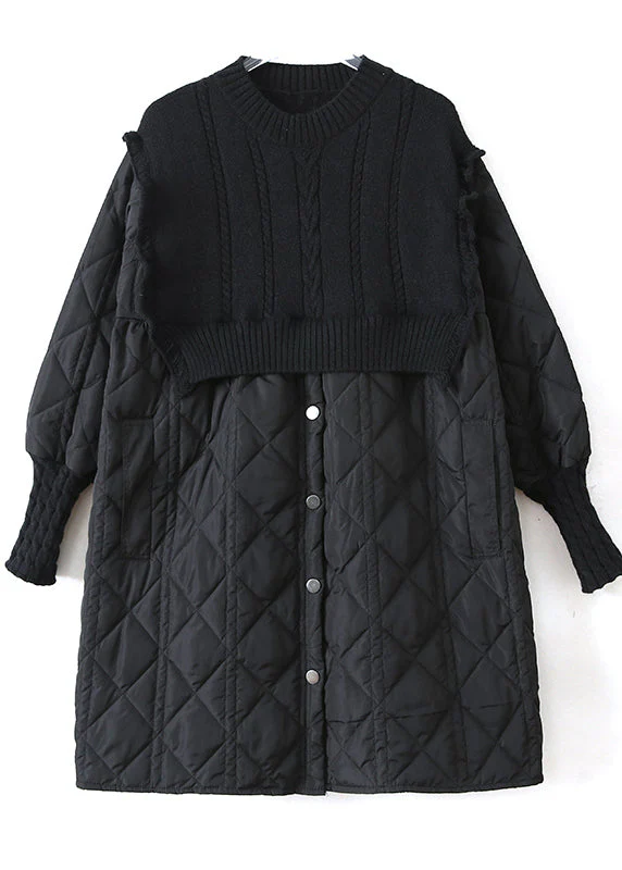 French Black Stand Collar Knit Patchwork Fine Cotton Filled Maxi Dress Winter - Image 5