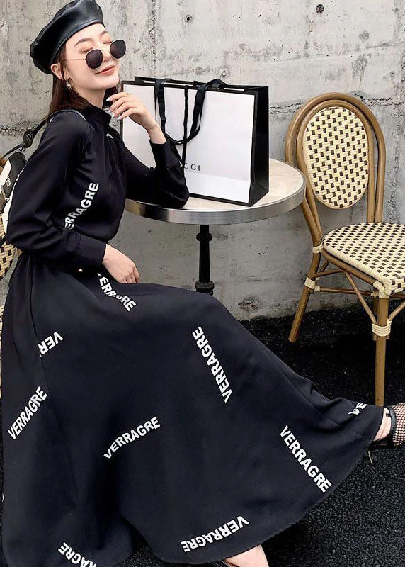 French Black Stand Collar Letter Print Exra Large Hem Chiffon Ankle Dresses Spring - Image 2