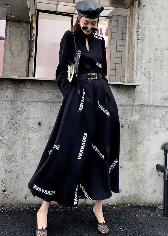 French Black Stand Collar Letter Print Exra Large Hem Chiffon Ankle Dresses Spring - Image 3