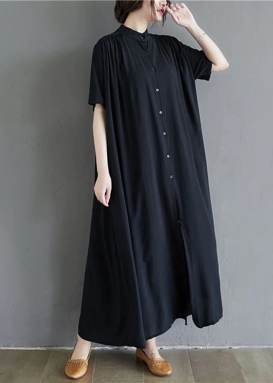French Black Stand Collar Oversized Cotton Long Dress Summer - Image 2
