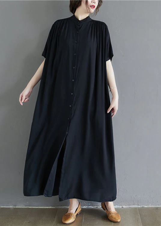 French Black Stand Collar Oversized Cotton Long Dress Summer - Image 3