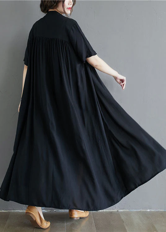 French Black Stand Collar Oversized Cotton Long Dress Summer - Image 4