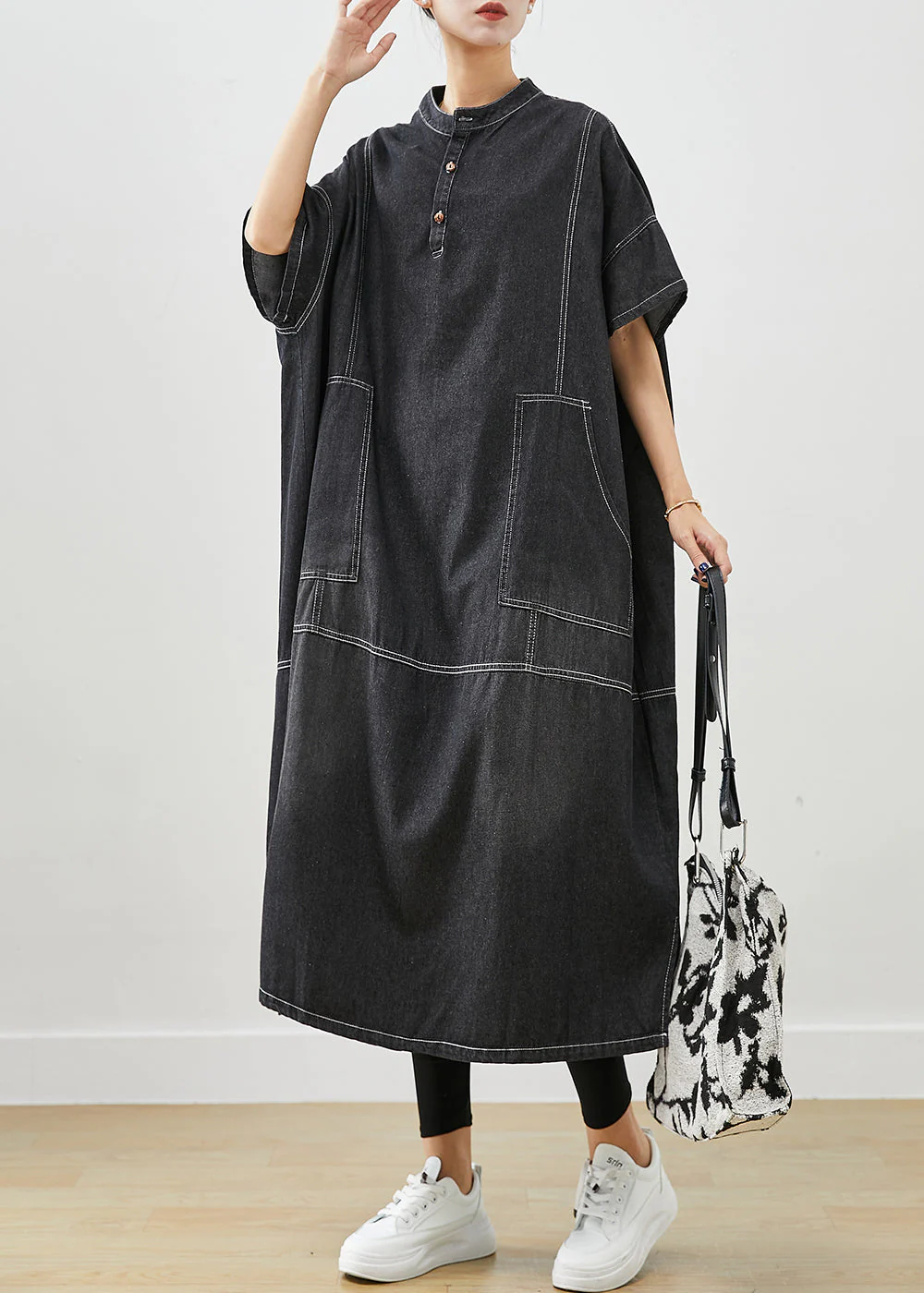 French Black Stand Collar Oversized Denim Holiday Dress Short Sleeve - Image 2
