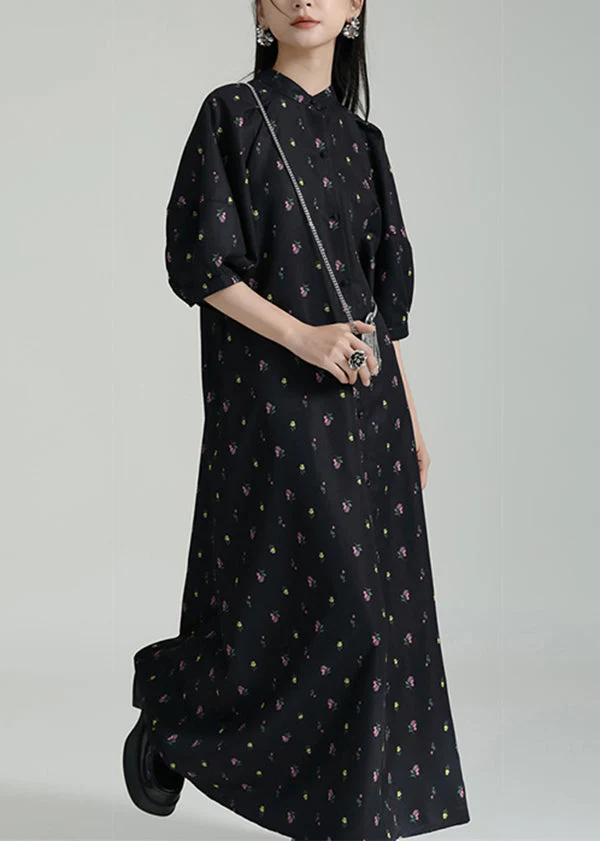 French Black Stand Collar Print Chiffon Shirts Long Dress Summer - Image 2