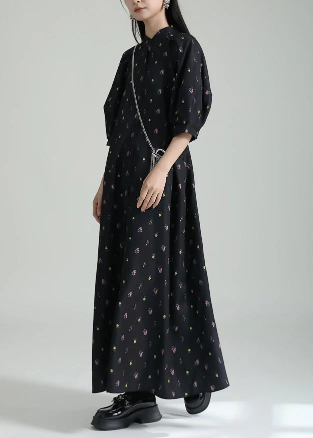 French Black Stand Collar Print Chiffon Shirts Long Dress Summer - Image 3