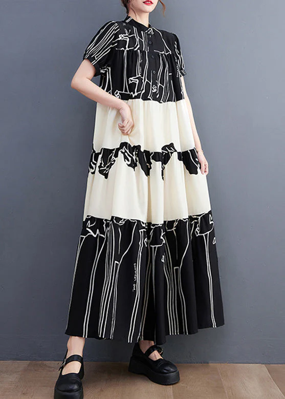 French Black Stand Collar Print Patchwork Long Dress Short Sleeve - Image 2