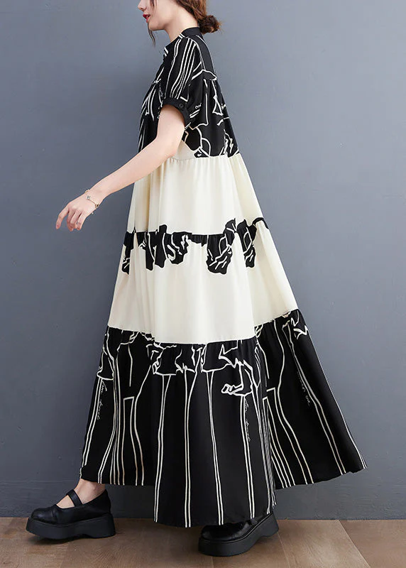 French Black Stand Collar Print Patchwork Long Dress Short Sleeve - Image 3