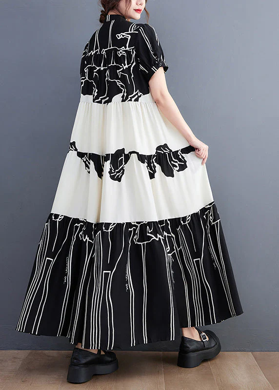 French Black Stand Collar Print Patchwork Long Dress Short Sleeve - Image 4