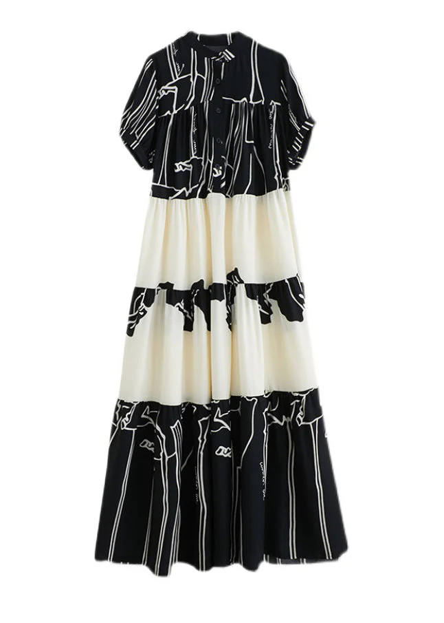 French Black Stand Collar Print Patchwork Long Dress Short Sleeve - Image 5
