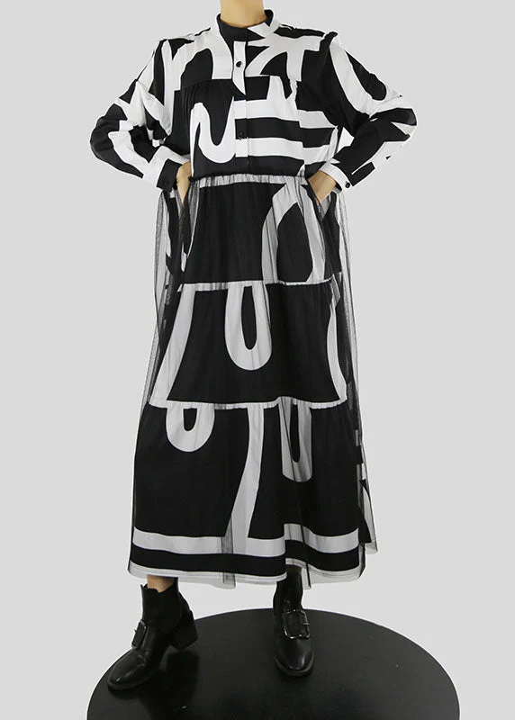 French Black Stand Collar print tulle Patchwork Vacation Dresses Spring - Image 2