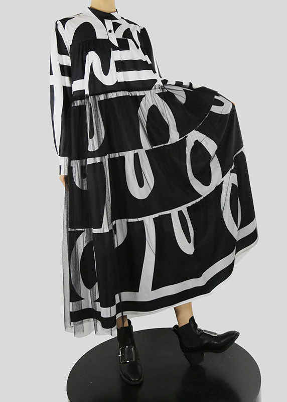French Black Stand Collar print tulle Patchwork Vacation Dresses Spring - Image 3