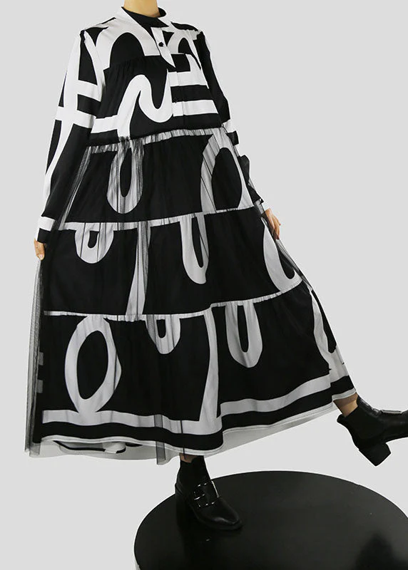 French Black Stand Collar print tulle Patchwork Vacation Dresses Spring - Image 4