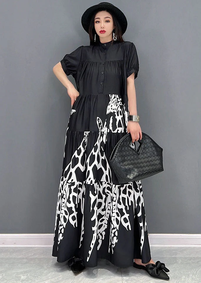 French Black Stand Collar Print Wrinkled Shirt Dresses Short Sleeve - Image 2