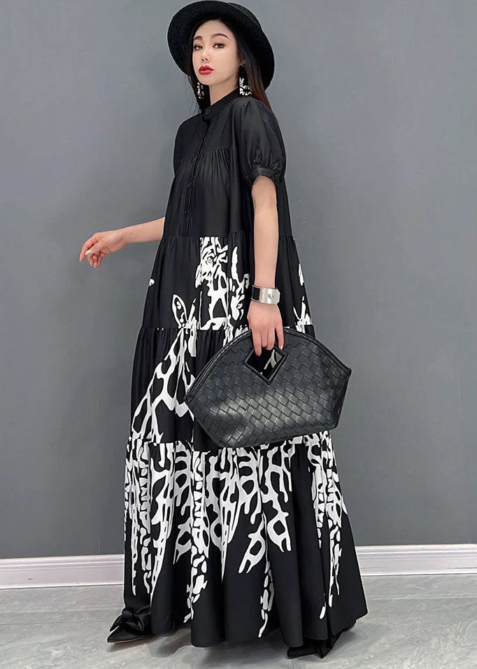 French Black Stand Collar Print Wrinkled Shirt Dresses Short Sleeve - Image 3