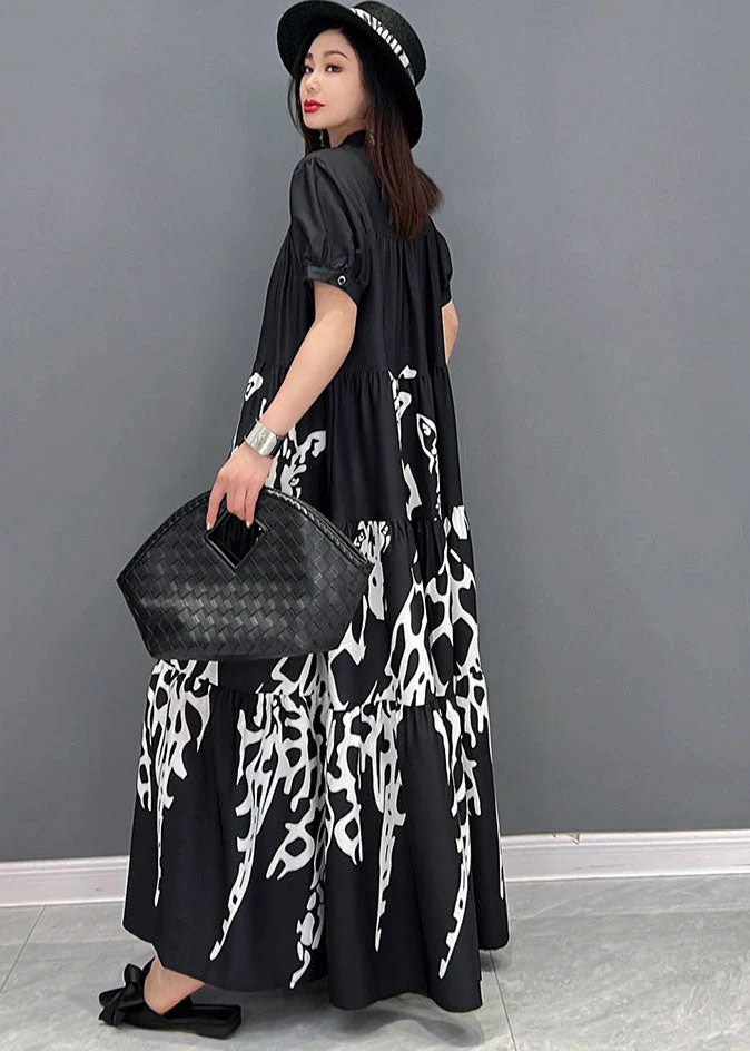 French Black Stand Collar Print Wrinkled Shirt Dresses Short Sleeve - Image 4