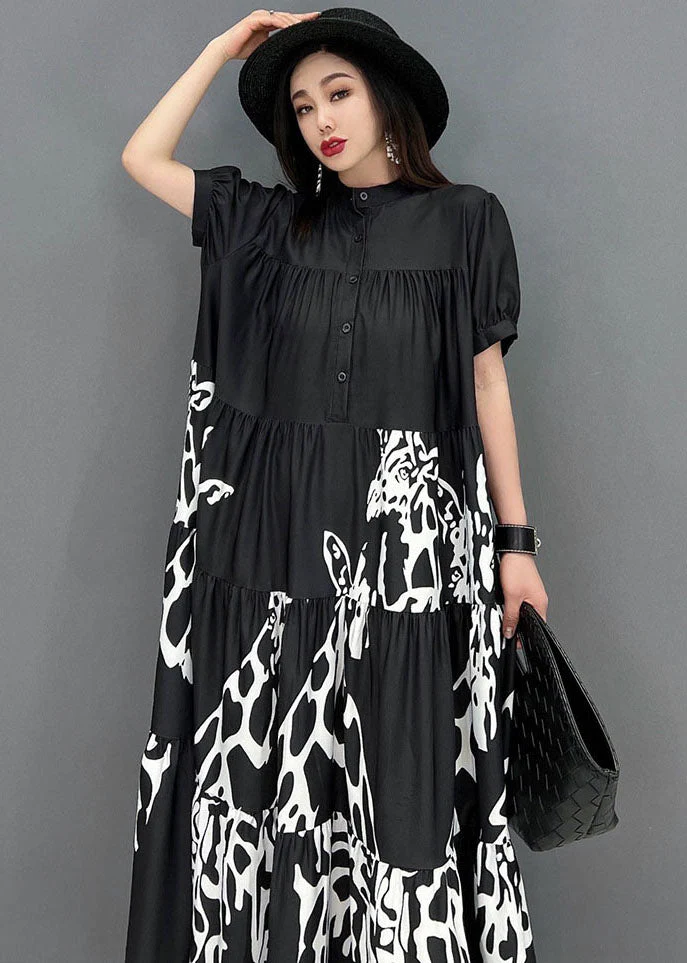 French Black Stand Collar Print Wrinkled Shirt Dresses Short Sleeve - Image 5