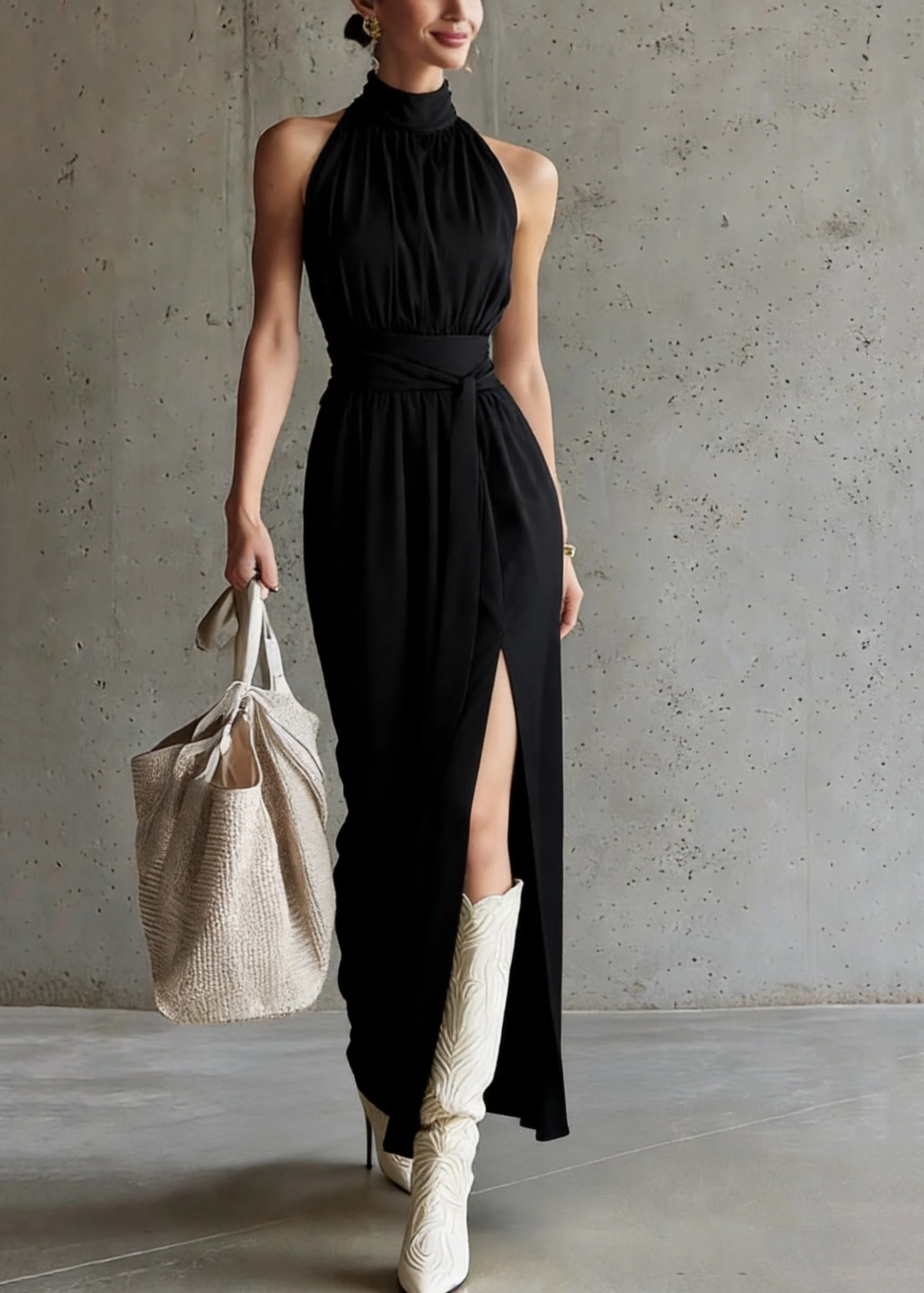 French Black Stand Collar Tunic Solid Maxi Dress Summer