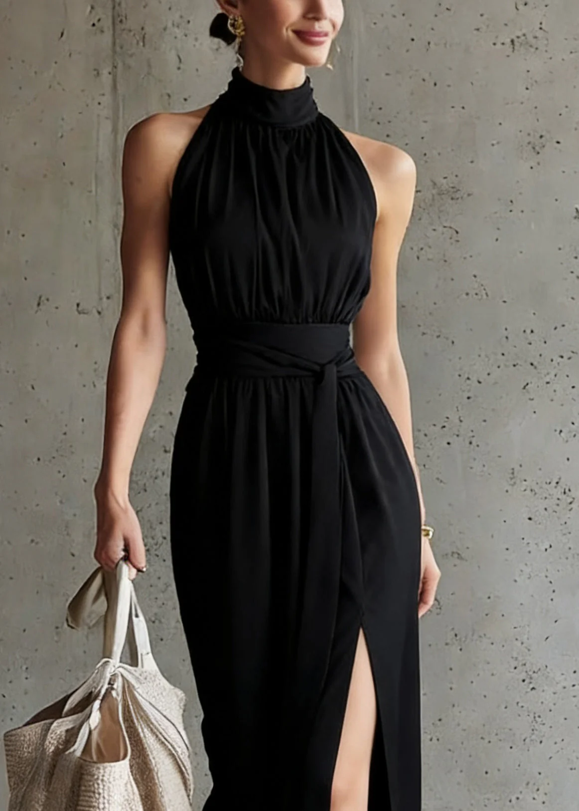 French Black Stand Collar Tunic Solid Maxi Dress Summer - Image 2