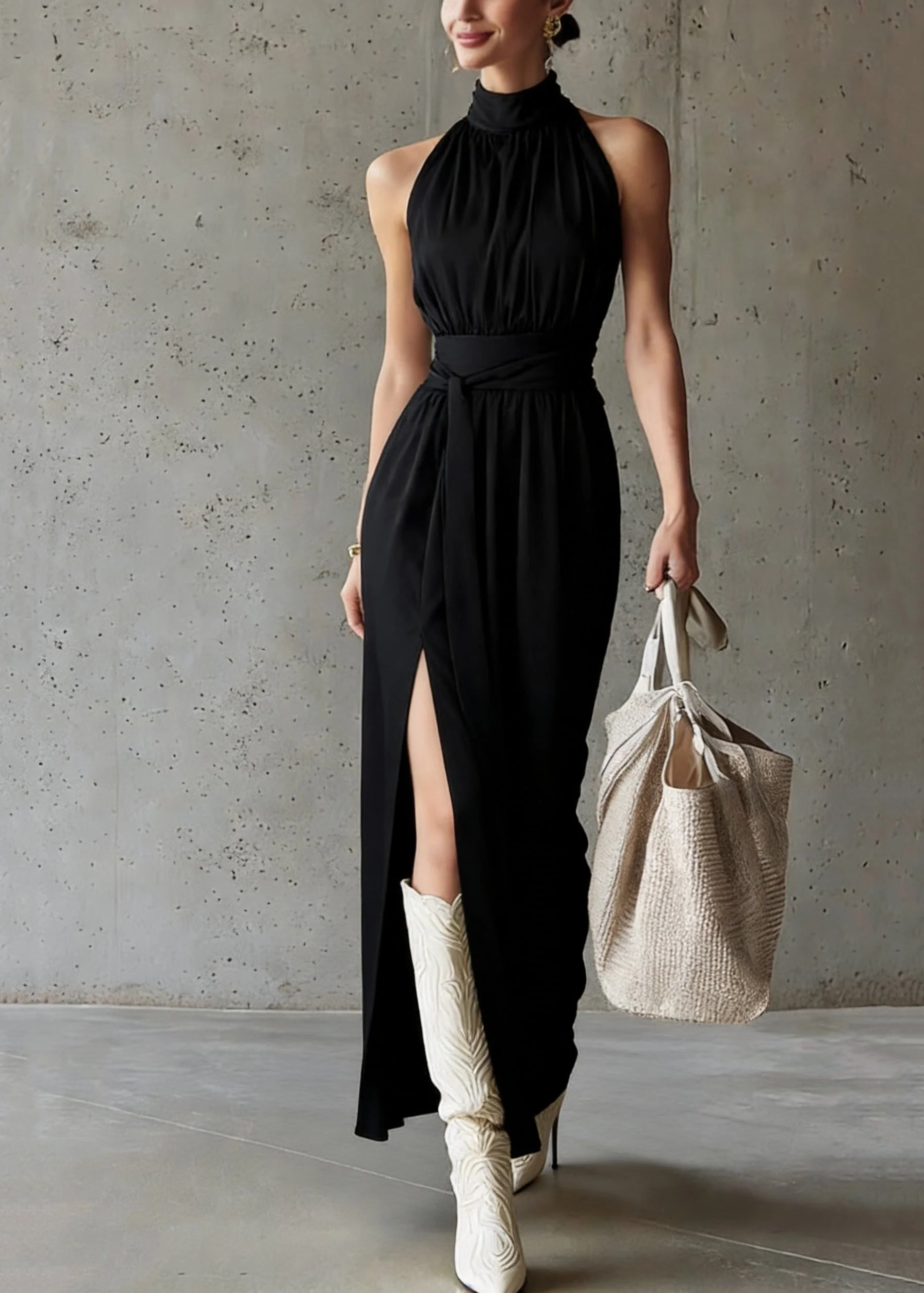 French Black Stand Collar Tunic Solid Maxi Dress Summer - Image 3