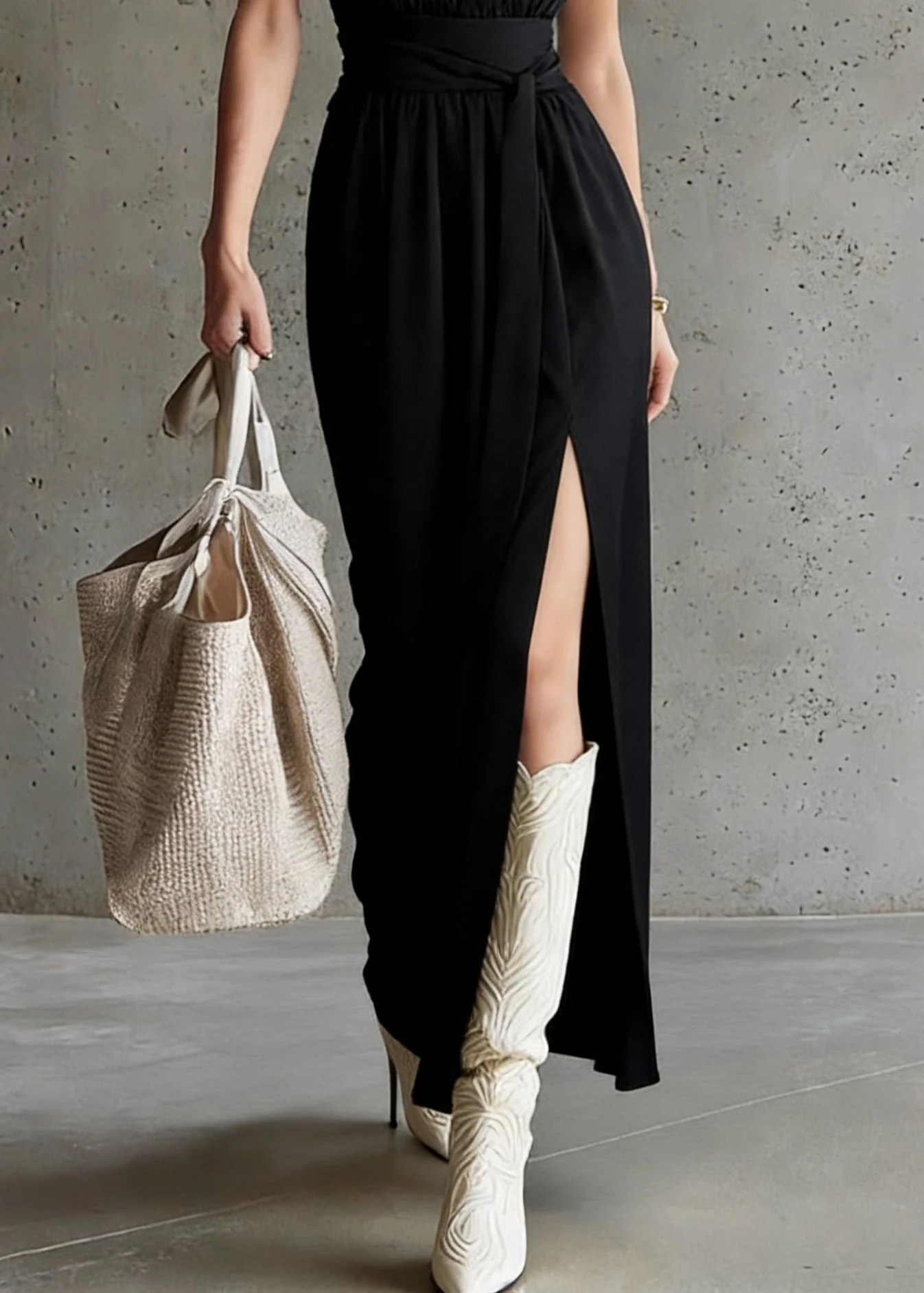 French Black Stand Collar Tunic Solid Maxi Dress Summer - Image 4