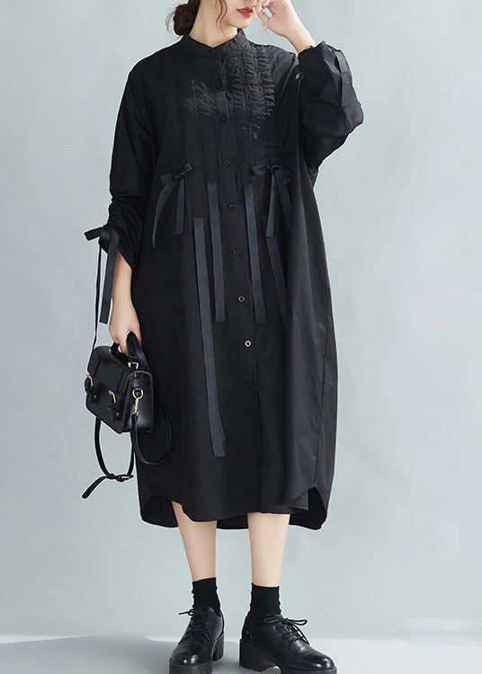 French Black Stand Collar Wrinkled Cinched Bow Cotton Shirt Dress Spring - Image 2