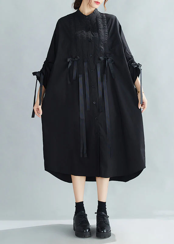 French Black Stand Collar Wrinkled Cinched Bow Cotton Shirt Dress Spring - Image 3