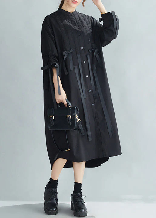 French Black Stand Collar Wrinkled Cinched Bow Cotton Shirt Dress Spring - Image 4