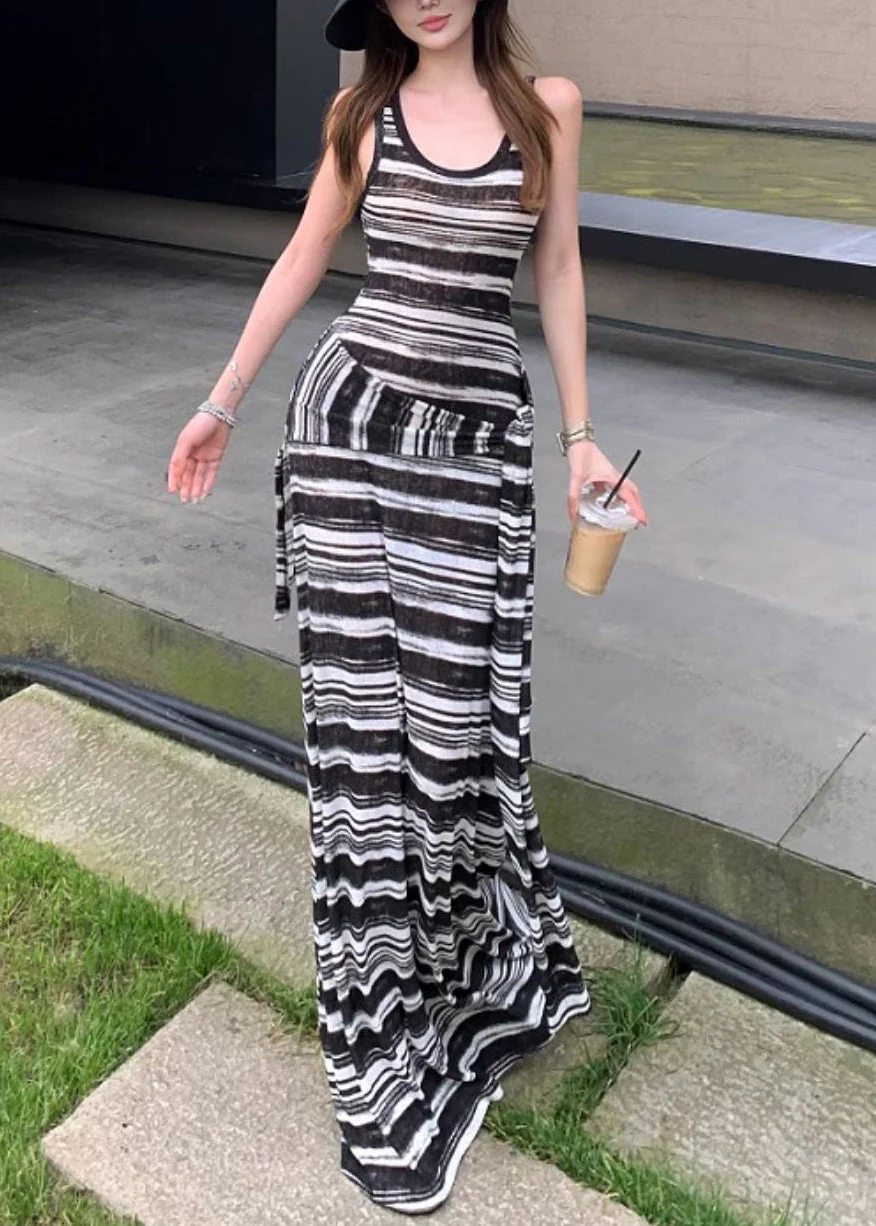 French Black Striped False Two Pieces Cotton Robe Dresses Sleeveless - Image 3