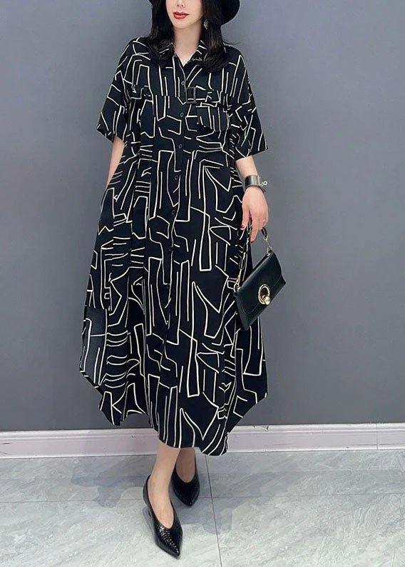 French Black Striped Pockets Patchwork Cotton Shirts Dress Summer - Image 2