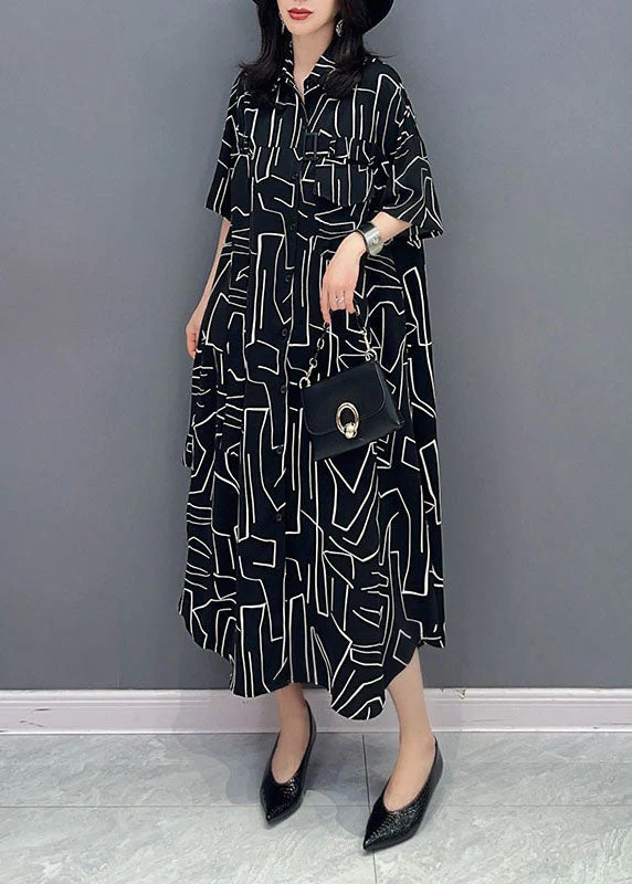 French Black Striped Pockets Patchwork Cotton Shirts Dress Summer - Image 3