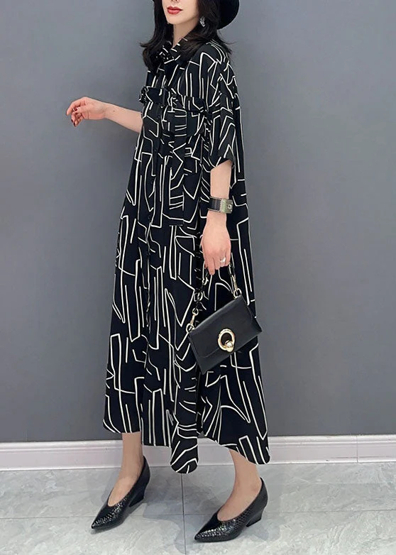 French Black Striped Pockets Patchwork Cotton Shirts Dress Summer - Image 4