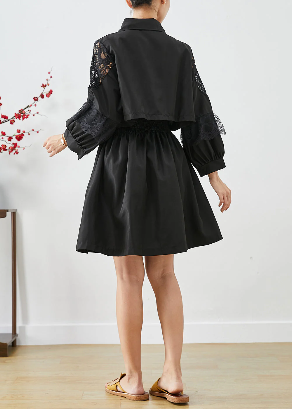 French Black Tasseled Cinched Patchwork Cotton Fake Two Piece Shirt Dresses Fall - Image 4
