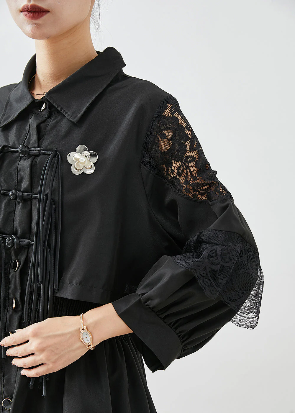French Black Tasseled Cinched Patchwork Cotton Fake Two Piece Shirt Dresses Fall - Image 5
